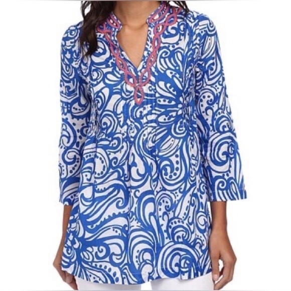 Lilly Pulitzer Sarasota Beaded Cotton Tunic size XS Blue Pink - Picture 1 of 8